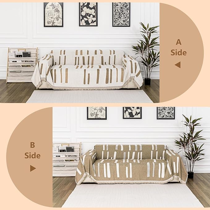 MYSKY HOME Sofa Covers for Sectional Sofa, Couch Cover for Dogs, Couch Covers with Tassel Loveseat Covers Futon Cover L Shaped Cover Washable Chenille Couch Protector, 71" x 102", Khaki Piano Key