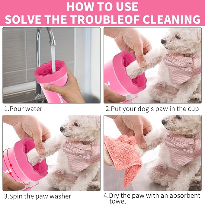 Professional 7 in 1 Dog Paw Cleaner for Dogs & Cats - Includes 1 Portable Paw Washer, 1 Bath Brush, 2 Dog Toothbrushes and 3 Absorbent Towels Note: Fits Paws up to 2 Inches Wide (Small, Pink)