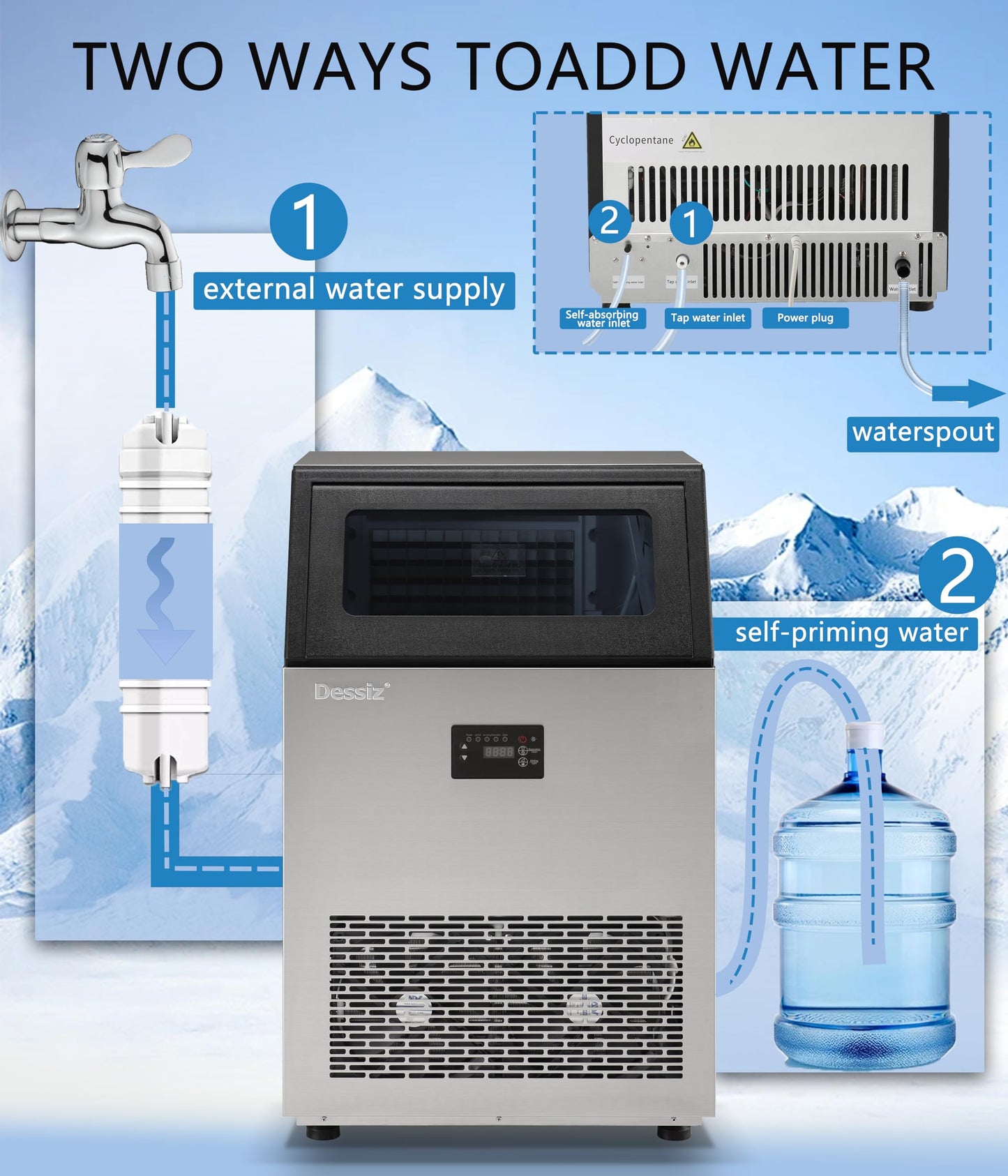 Dessiz Commercial Ice Maker, 130Lbs/24H 40Lbs Storage, 55Pcs Clear Ice in 8-15Mins, Under Counter Stainless Steel Ice Machine with Self-Cleaning & Blue Light, Quiet for Home Bar Restaurant Party
