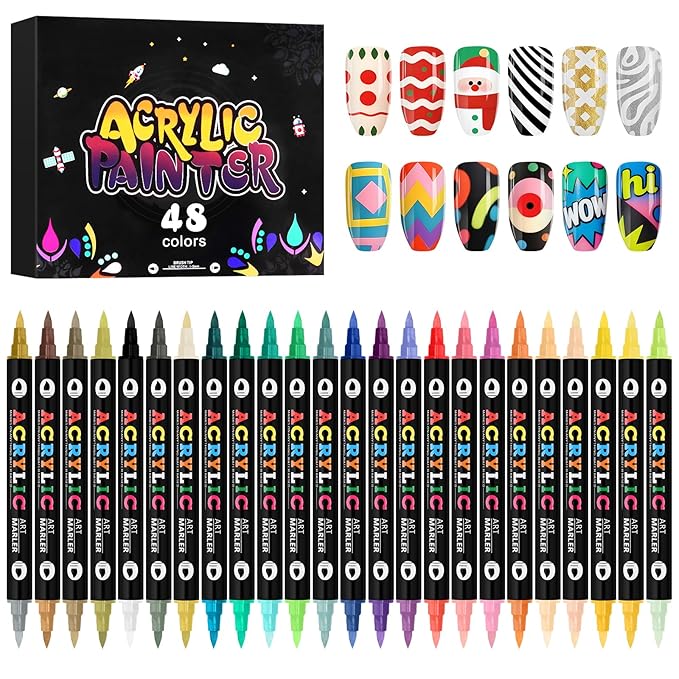 Kalolary 48 Color Nail Art Markers Set, 3D Nail Art Pens Point Nail Graffiti Dotting Pen Quick-Drying Waterproof Double Headed Acrylic Paint Pens Set for DIY Nails Art Design
