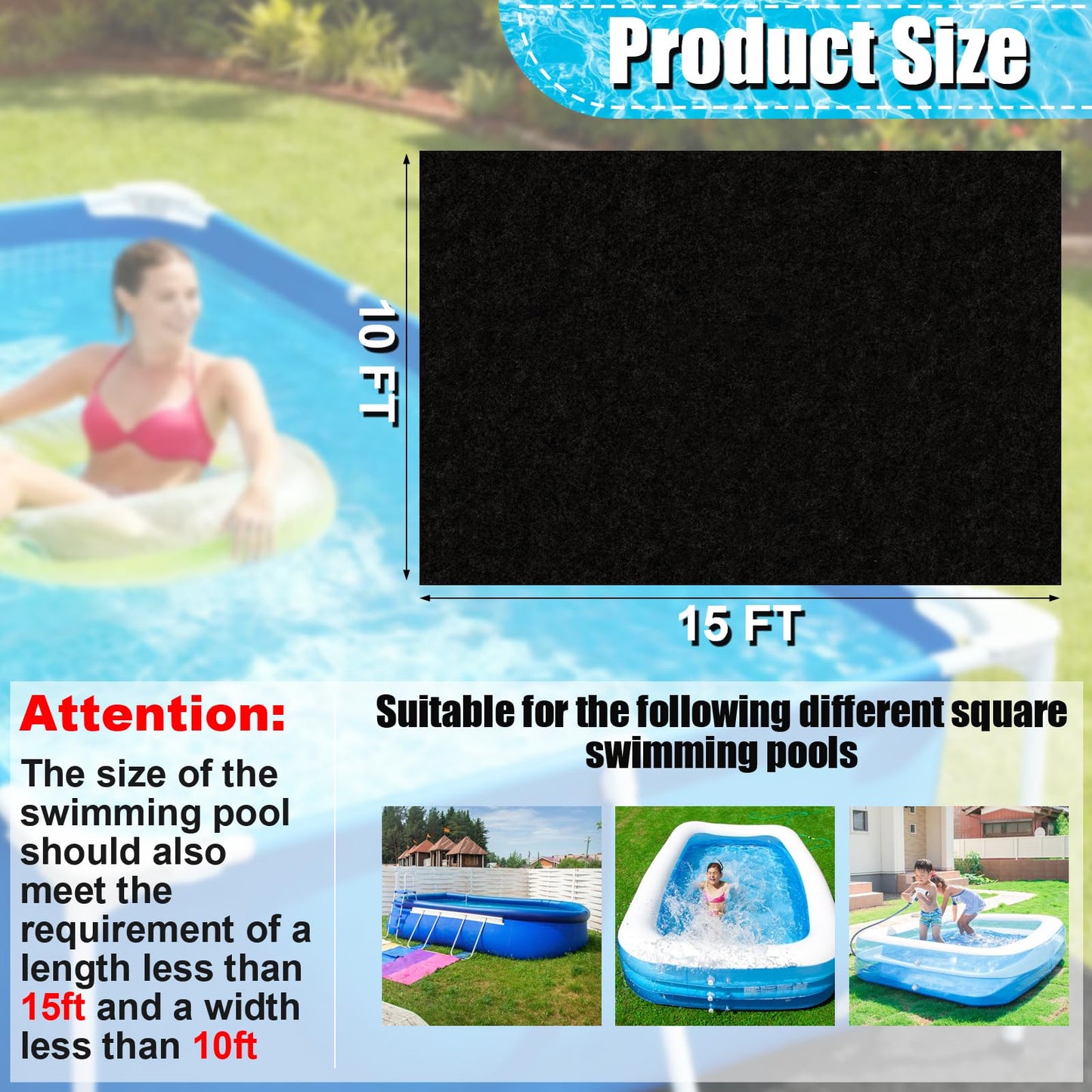 VICAMB 15 x 10ft Rectangular Pool Liner Pad for Above Ground Swimming Pools,220g/㎡ Heavy Duty Pool Ground Mat Under Pool Pad,Pools Bottom Liner Protector to Prevent Puncture and Extend Liner Life