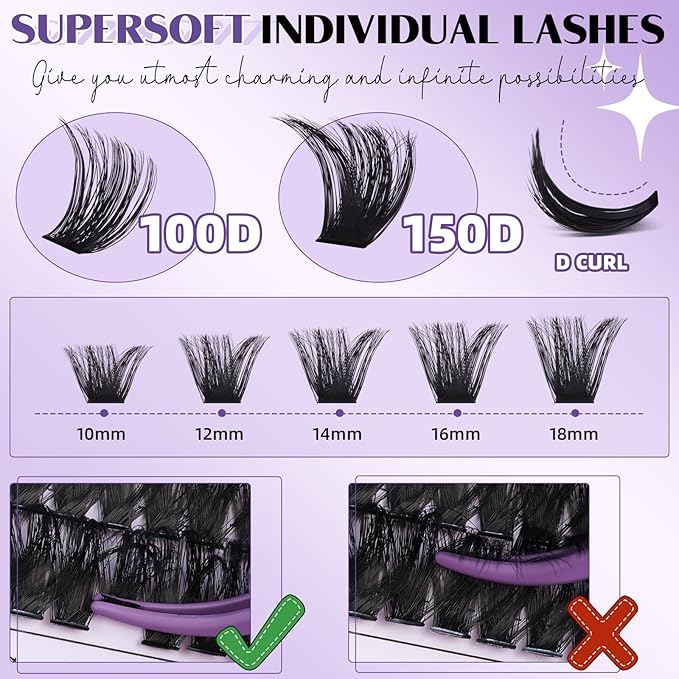 B&Q Fluffy Lash Clusters, Volume Eyelash Clusters 10-18mm, D Curl Cluster Eyelash Extensions, Supersoft Individual Lashes Wispy cluster lashes for Beginners（100D+150D）