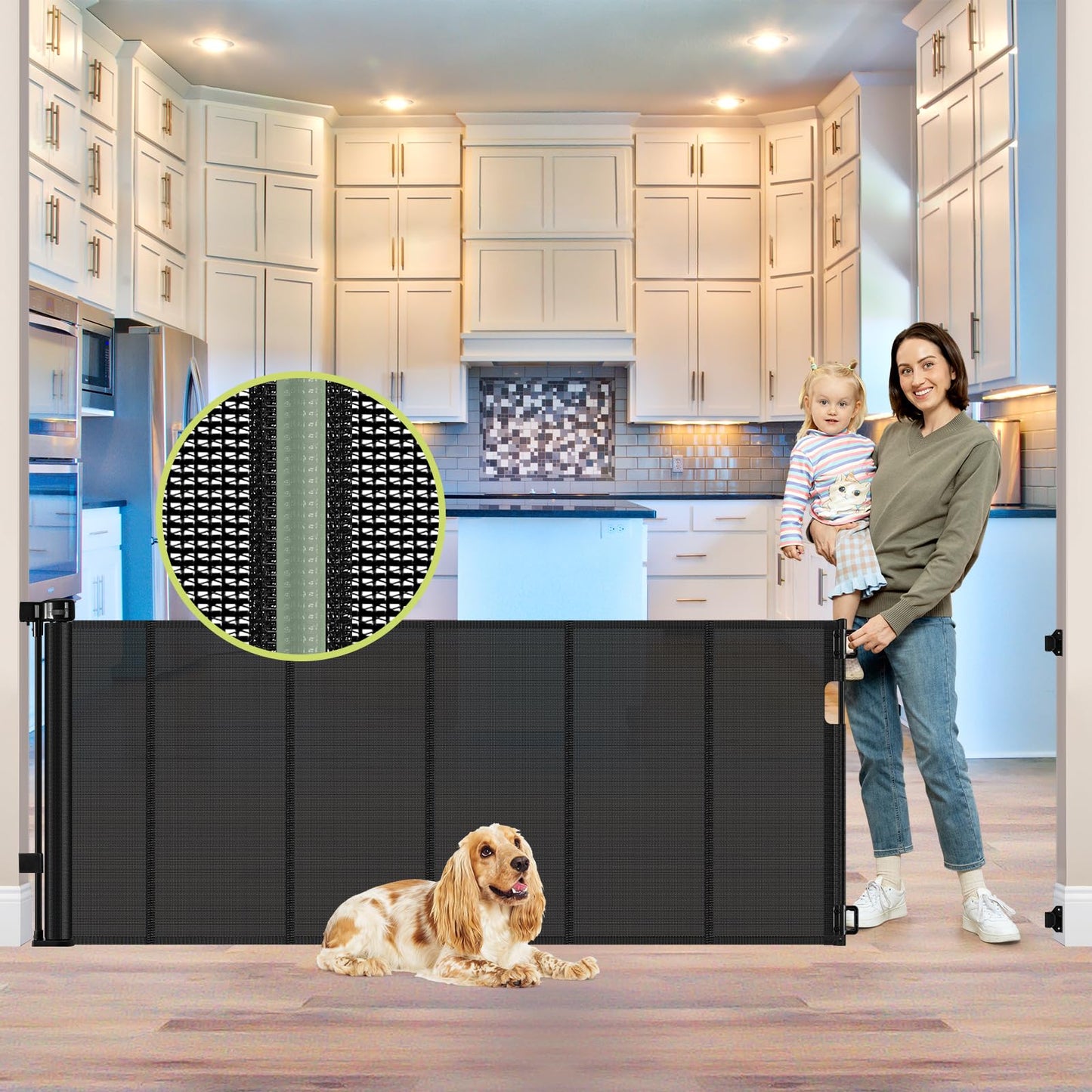 Reinforced 80 Inch Retractable Baby Gate Extra Wide Baby Gate for Wide Openings, Indoor/Outdoor Retractable Dog Gate for Doorway, Mesh Dog Gate Indoor Prevent Babies/Pets from Crawling Under, Black