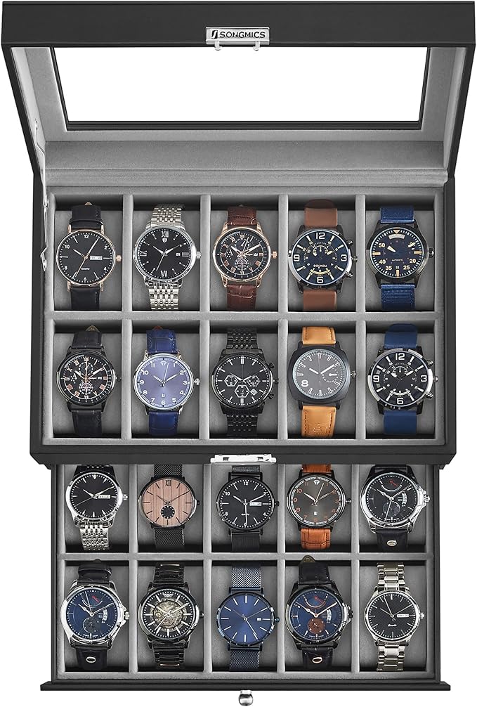 SONGMICS Watch Box, 20-Slot Watch Case Organizer with Large Glass Lid, Removable Pillows, Metal Lock, Gift for Loved Ones, Black Synthetic Leather, Gray Lining UJWB006V1