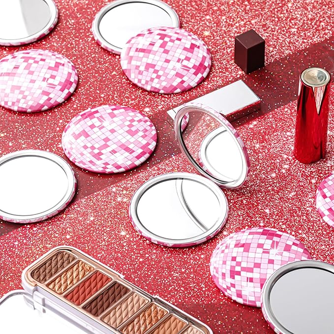 Qunclay 12 Pcs Disco Ball Compact Round Pocket Mirror - 2.76 Inch Vintage Mini Handheld Portable Mirror for Purse, Women Gift, Party Supply, Travel Daily (Pink)