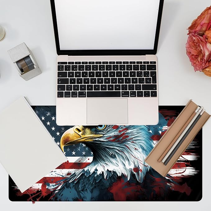 Desk Mat, Bald Eagle American Flag Desk Pad, USA Flag Large Gaming Mouse Pad for Desk, 31.5"x15.7" Extended Big Computer Keyboard Mouse Pad with Non-Slip Base and Stitched Edge