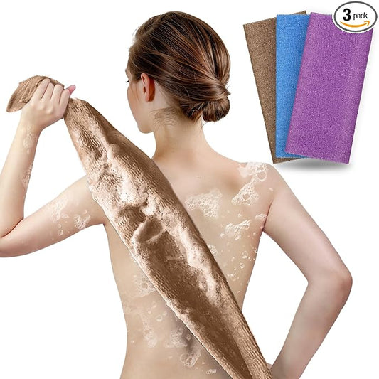 ARCH&M 3-Pack Premium Nylon Exfoliating Towel - 35-Inch Quick-Dry, Hygienic Japanese Washcloth for Body & Back - Durable, Machine Washable, Long-Lasting (Brown Purple Navy-Blue)