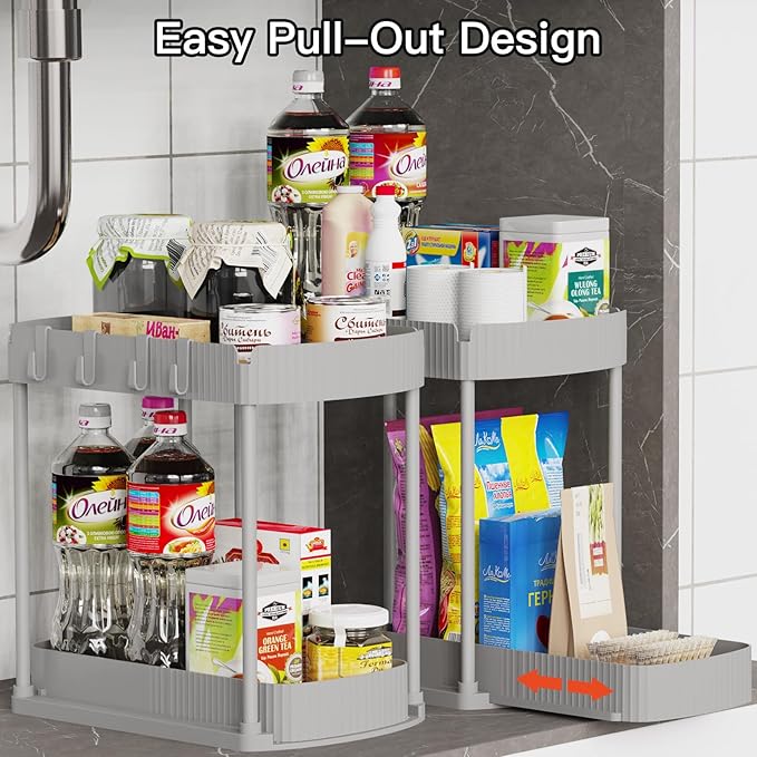 2 Pack Multi-Purpose Pull-Out Storage Organizers, Under Sink Organizers and Storage for Bathroom & Kitchen, Under Cabinet Organizers and storage, 14.8 Inch, Grey
