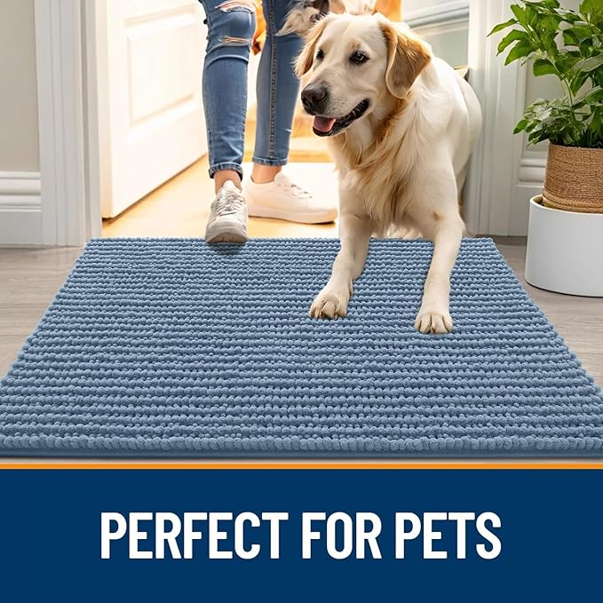OLANLY Dog Door Mat for Muddy Paws 59x24, Ultra Absorbent Chenille Mud Doormat, Non-Slip Washable and Dirt Trapping Doormat for Indoor Entryway, Quick-Dry Indoor Pet Bed Mats for Dogs, Airy Blue