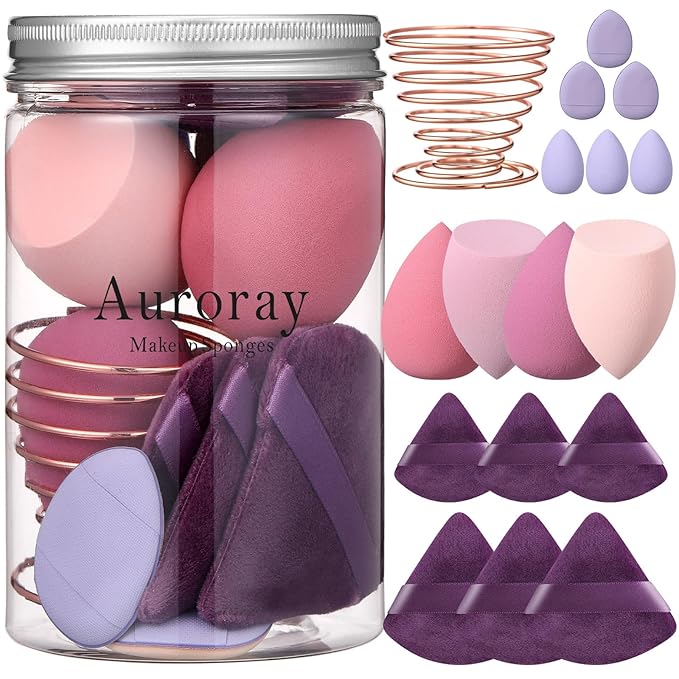 17PCS Makeup Sponge Set for Foundation with 6PCS Powder Puff, 3PCS Mini Makeup Sponges, 3PCS Foundation Mini Make Up Sponge Puff and 1PCS Make Up Sponges Holder