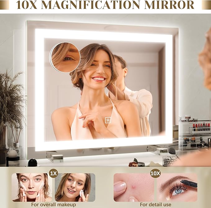 ROLOVE 22x20 Inch Lighted Vanity Mirror, 3-Mode Touch Dimming LED Lighting, Large Makeup Mirror for Dressing Room, Tabletop or Wall-Mounted, White