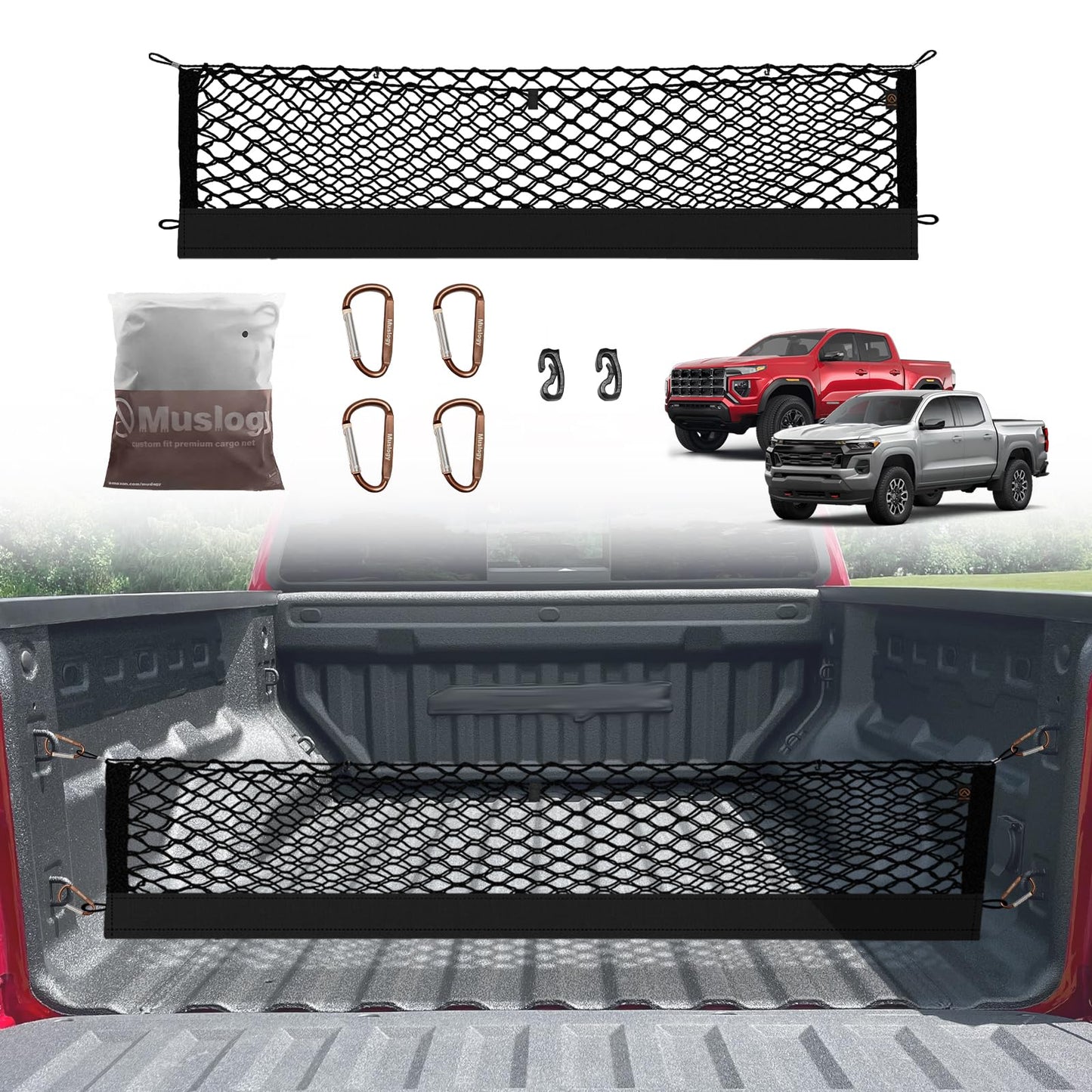 Muslogy Truck Bed Cargo Net Trunk Netting Compatible with Chevrolet Colorado & GMC Canyon 2026 2025 2024 2023 Accessories, Pickup Cargo Organizer SUV Sedan Storage Net w/Heavy Duty Carabiners