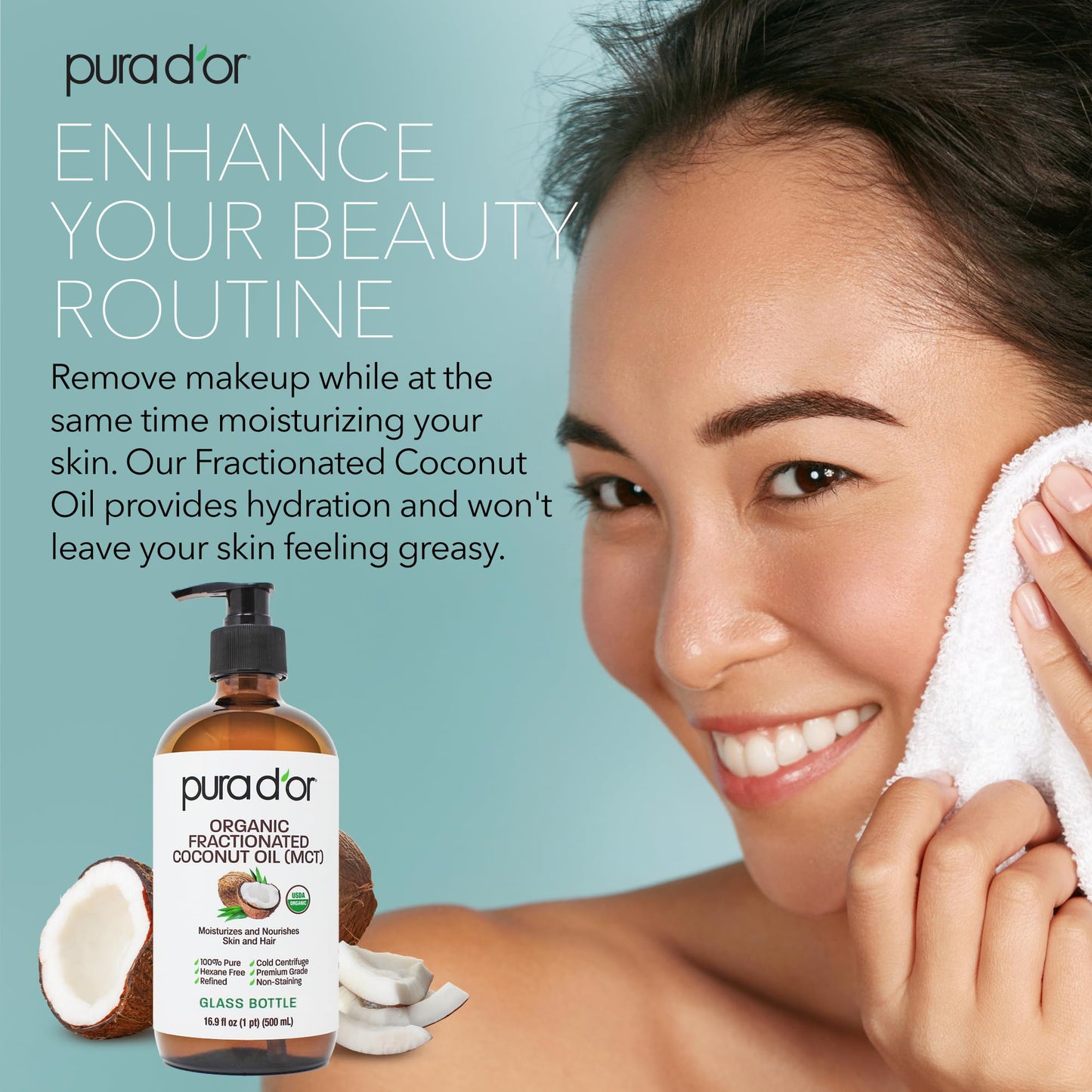 PURA D'OR ORGANIC Fractionated Coconut Oil MCT Oil (16.9 Oz GLASS BOTTLE) 100% Pure & Natural USDA Certified Cold Pressed - Unscented, Hexane Free Moisturizer For Face, Skin & Hair Tonic - Men & Women