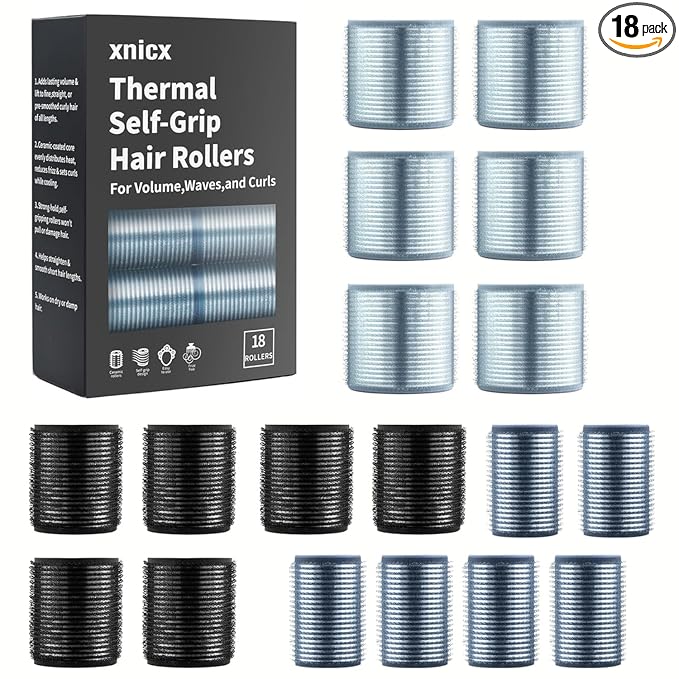 New Packaging-18 Pcs Thermal Ceramic Hair Rollers,Self Grip Jumbo Heatless Rollers Curlers for Women,Heatless Curlers for Blowout Volume,for Long Short Hair (Blue Black Gray)