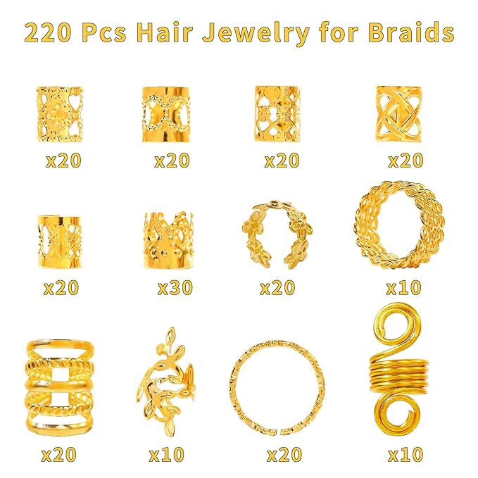 220Pcs Gold Hair Jewelry for Braids, 12 Styles Gold Hair Accessories Cuff for Braids and Dreadlocks, Adjustable Metal Rings Cuffs Clips for Dreadlock Accessory Jewelry Decorations
