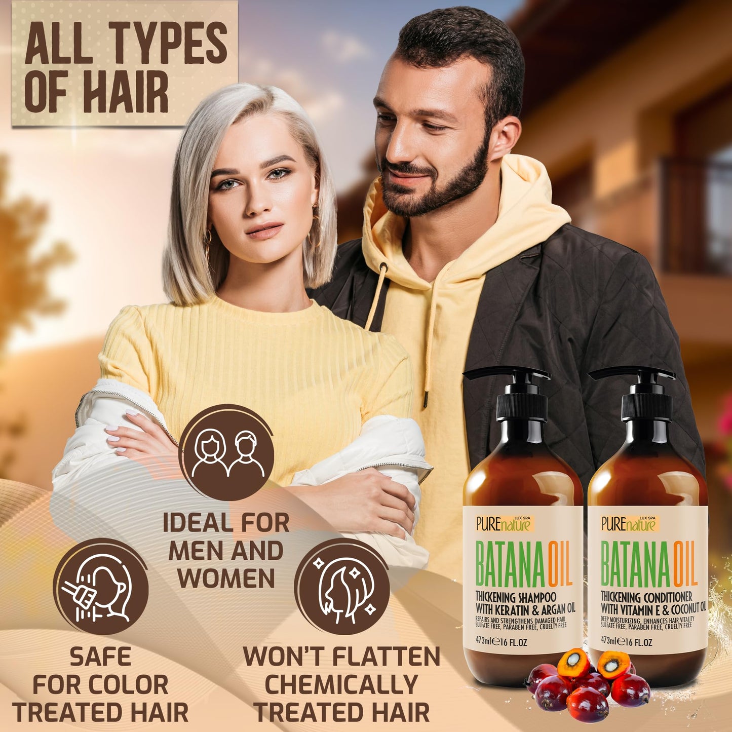 Batana Oil Shampoo and Conditioner Set - Thickening, Sulfate Free Formula for Women and Men - Volumizing, Moisturizing, Professional Salon Care Products for Fine, Thinning Hair - 16 Fl Oz (Pack of 2)