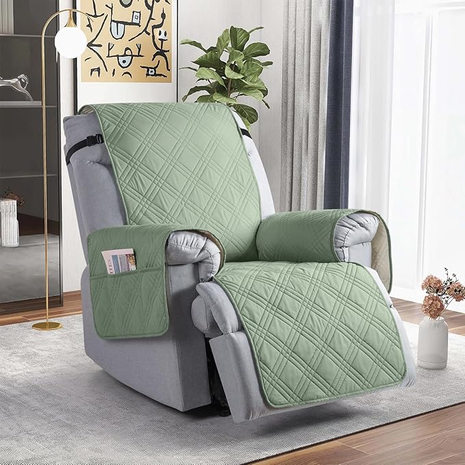 TAOCOCO Waterproof Recliner Chair Covers 30 Inch Wide, Oversized Recliner Covers for Recliner Chair with Pocket, Recliner Slipcovers with Straps Furniture Protector for Kids Pets (30'', Sage Green)