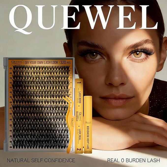 QUEWEL Lash Clusters Kit, 320 Pcs 40D Lash Cluster Eyelash Extensions 9-16mm Lash Clusters Wispy Kit with Eyelash Clusters Bond and Seal Glue Remover Tweezers (40D Kit)
