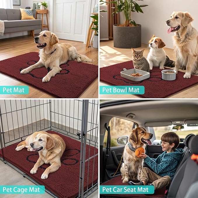 Smiry Dog Door Mat for Muddy Paws, Absorbent Dirt Trapper Non Slip Quick Dry Washable Chenille Mat for Mud Dogs, Entry Rug for Indoor and Outdoor (30x20 Inches, Caramel Russet and Black)