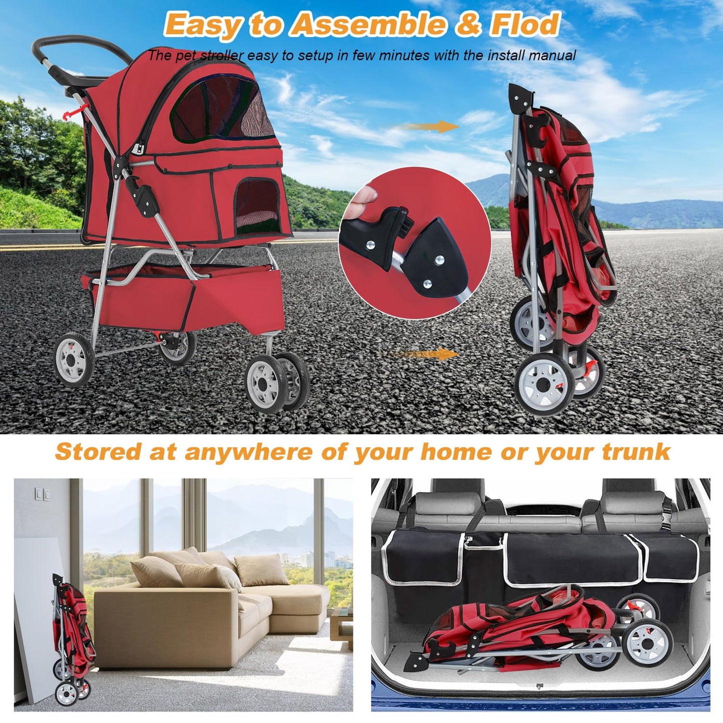 BestPet 3-Wheel Pet Stroller for Dogs & Cats - Folding Travel Carrier with Cup Holder & Removable Liner, Red