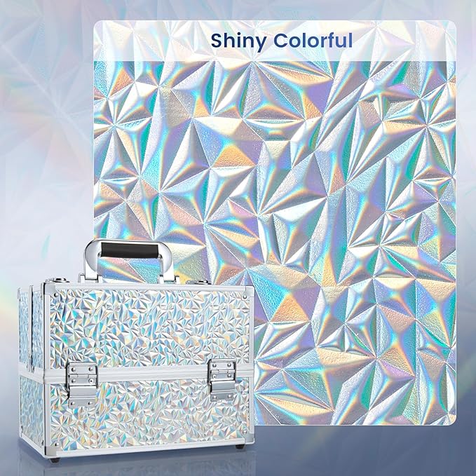 FRENESSA Makeup Case Cosmetic Train Case Organizer 11.8 Inch Large Makeup Box Travel Storage Make Up Train Carrying Case with 6 Trays Locking Hard Vanity Storage Glitter Silver