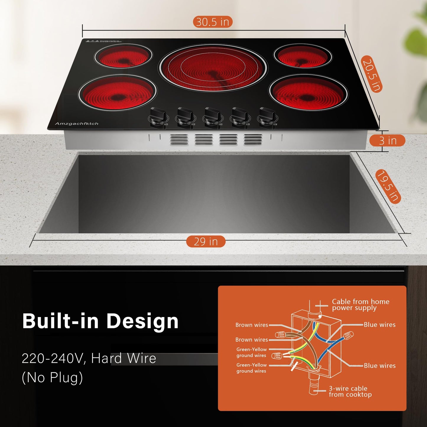30 Inch Built-in Electric Cooktop with Expandable Triple Ring Burners, 5 Burner 9000W Ceramic Stove Top - Easy Knob Controls & Residual Heat Indicator (220-240V Hardwired)