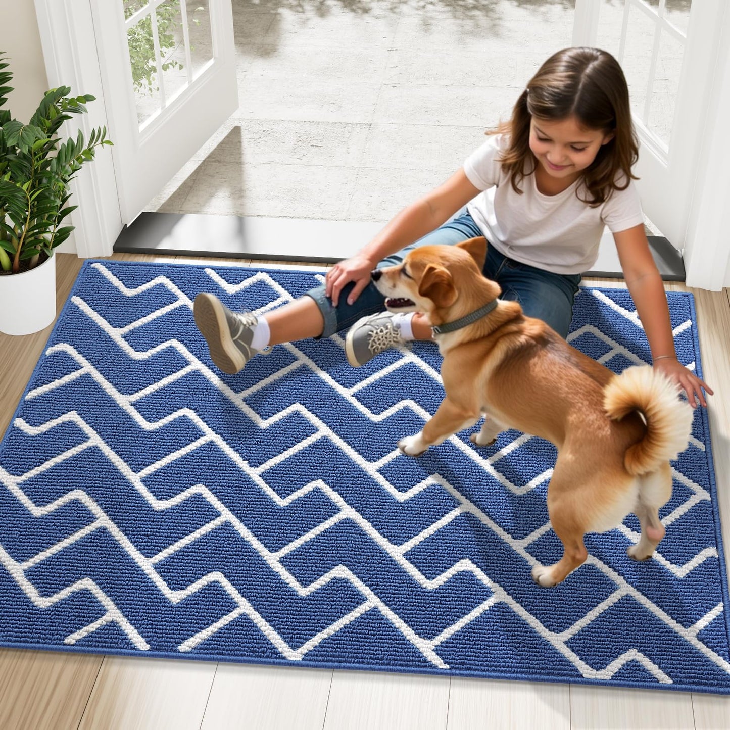 OLANLY Front Door Mat, Non-Slip Rubber Backing, Dirt Resistant and Absorbent, Washable, Easy to Clean Low-Profile Indoor Doormat for Back Door, Entryway, Inside Entrance, 40x32, Navy