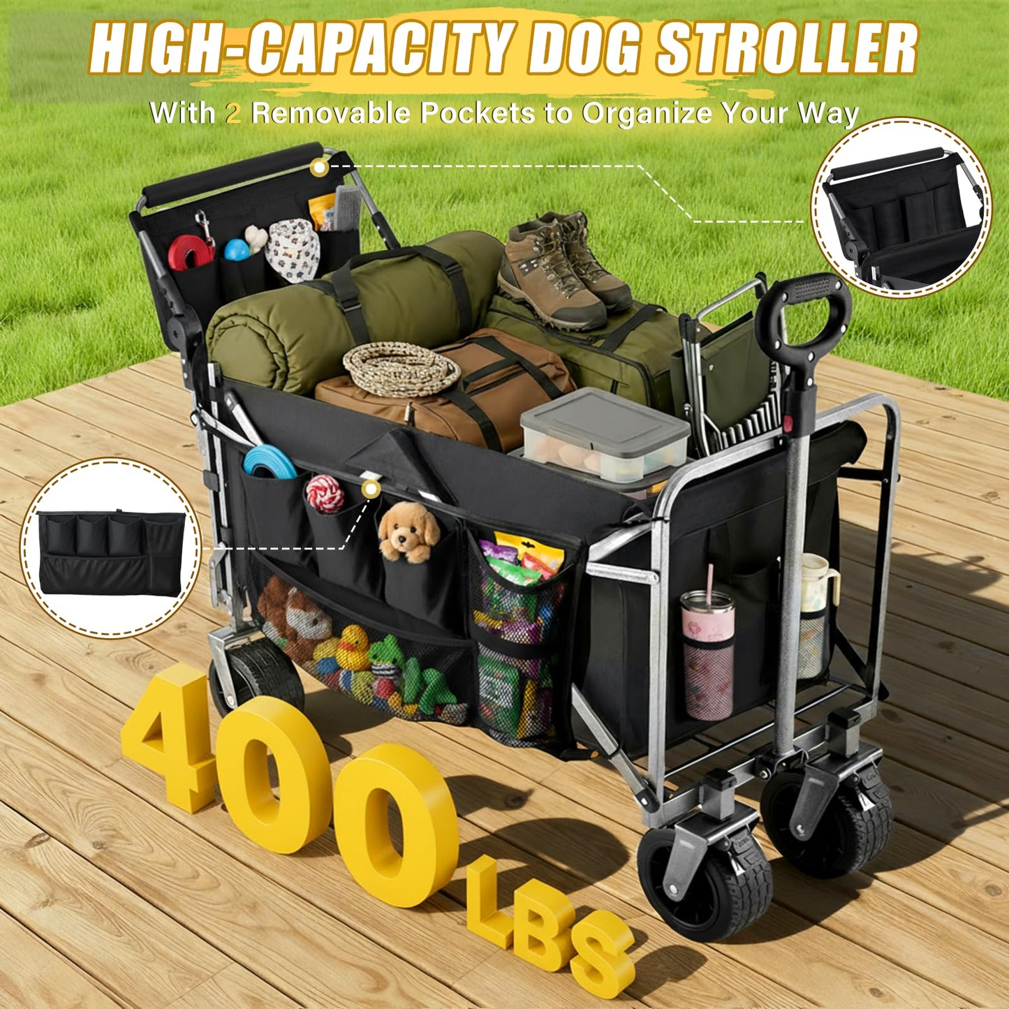 nuzzpawur Dog Wagon for Large Dogs Up to 400 lbs, Foldable Dog Stroller for Medium to Large Dogs with Tailgate, Pet Carts with Wheels for Walking, Beach, Garden, Camping, Sport, Black L