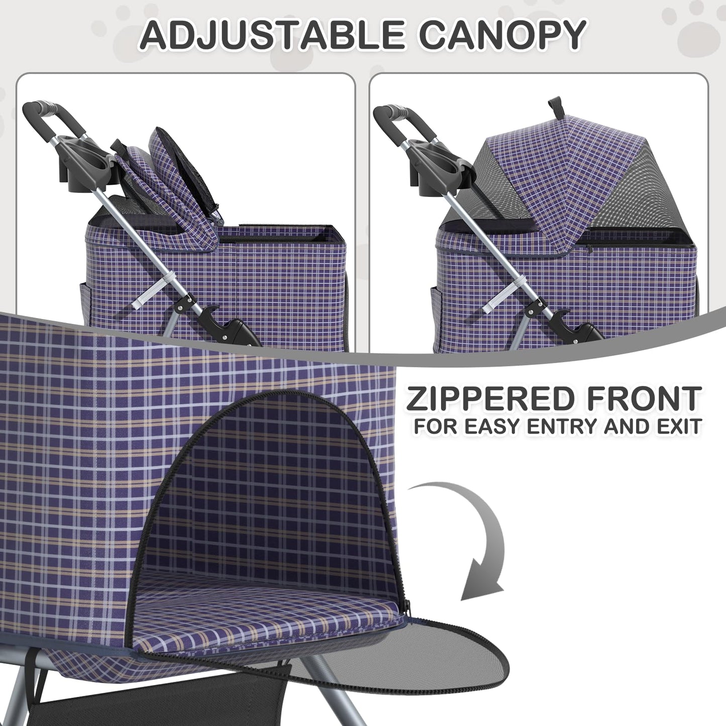 MoNiBloom 3 in 1 Foldable Pet Stroller for Small & Medium Dogs, Detachable Carrier, Car Seat, Push Button Entry, 4-Wheel Jogger for Pets up to 33 lbs, Plaid