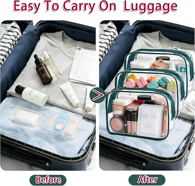 12 Pieces Clear Makeup Bags Bulk, TSA Approved Toiletry Bag PVC Cosmetic Toiletries Pouch with Zipper, Waterproof Vinyl Plastic Organizer Case for Carry-on Travel Essentials (Green Medium)