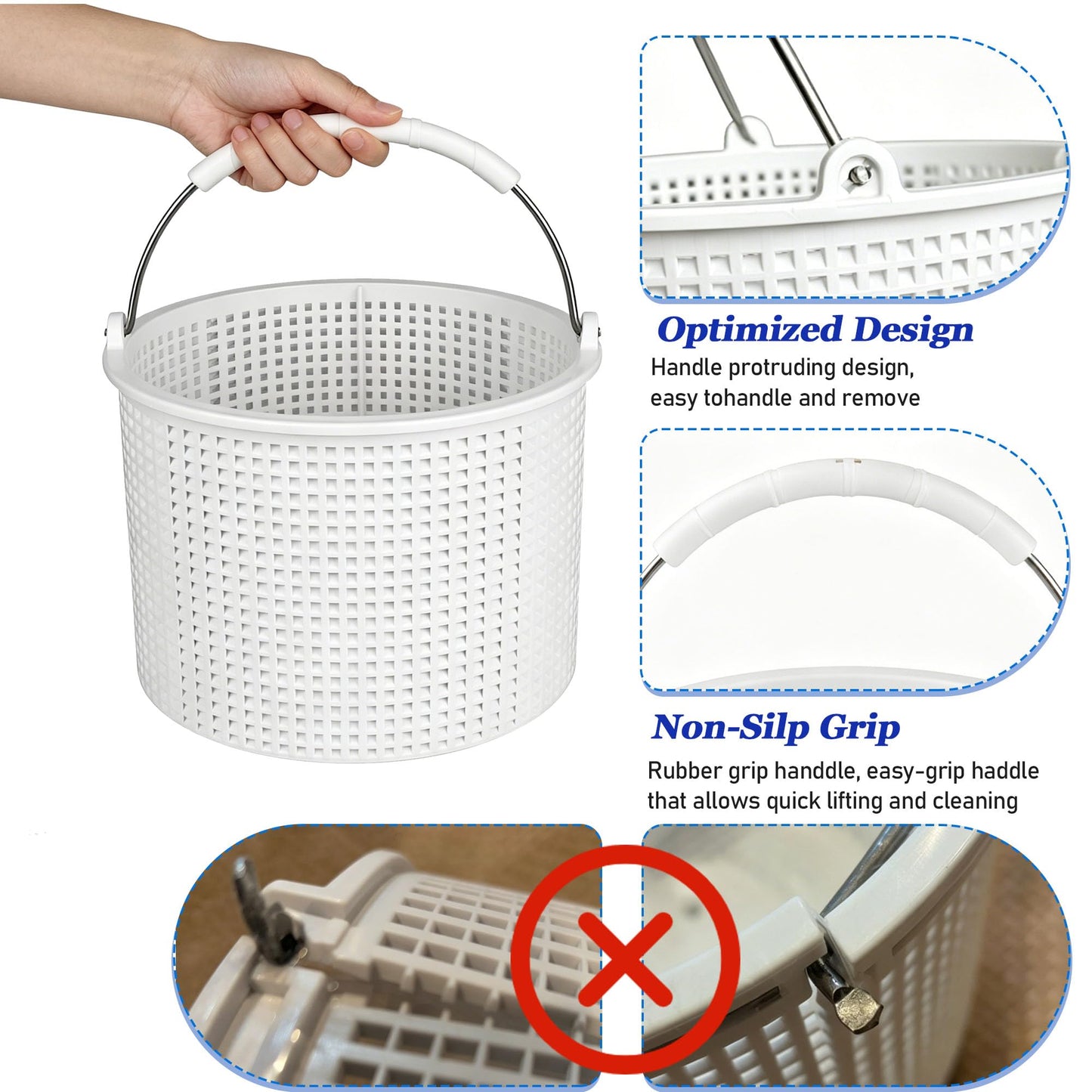 Inground Pool Skimmer Basket for Hayward Skimmer Basket&Pool Filter Baskets SP1082CA Series, Aladdin B-152, Built-in Brass Weight - Anti-Floating Filter Baskets, 316 Stainless Steel Handle Rubber Grip