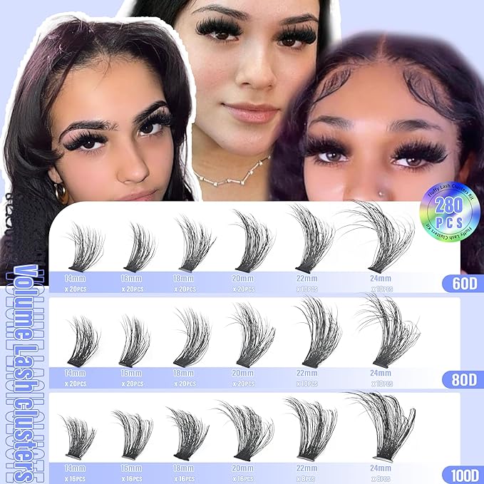 60+80+100D Lash Clusters Kit Eyelash Extension Kit DIY Lash Extension Kit 280 PCS Lashes Clusters Cluster with Lash Bond and Seal Lash Applicator for Lash Extensions by Yaiseiko(14-24MM)