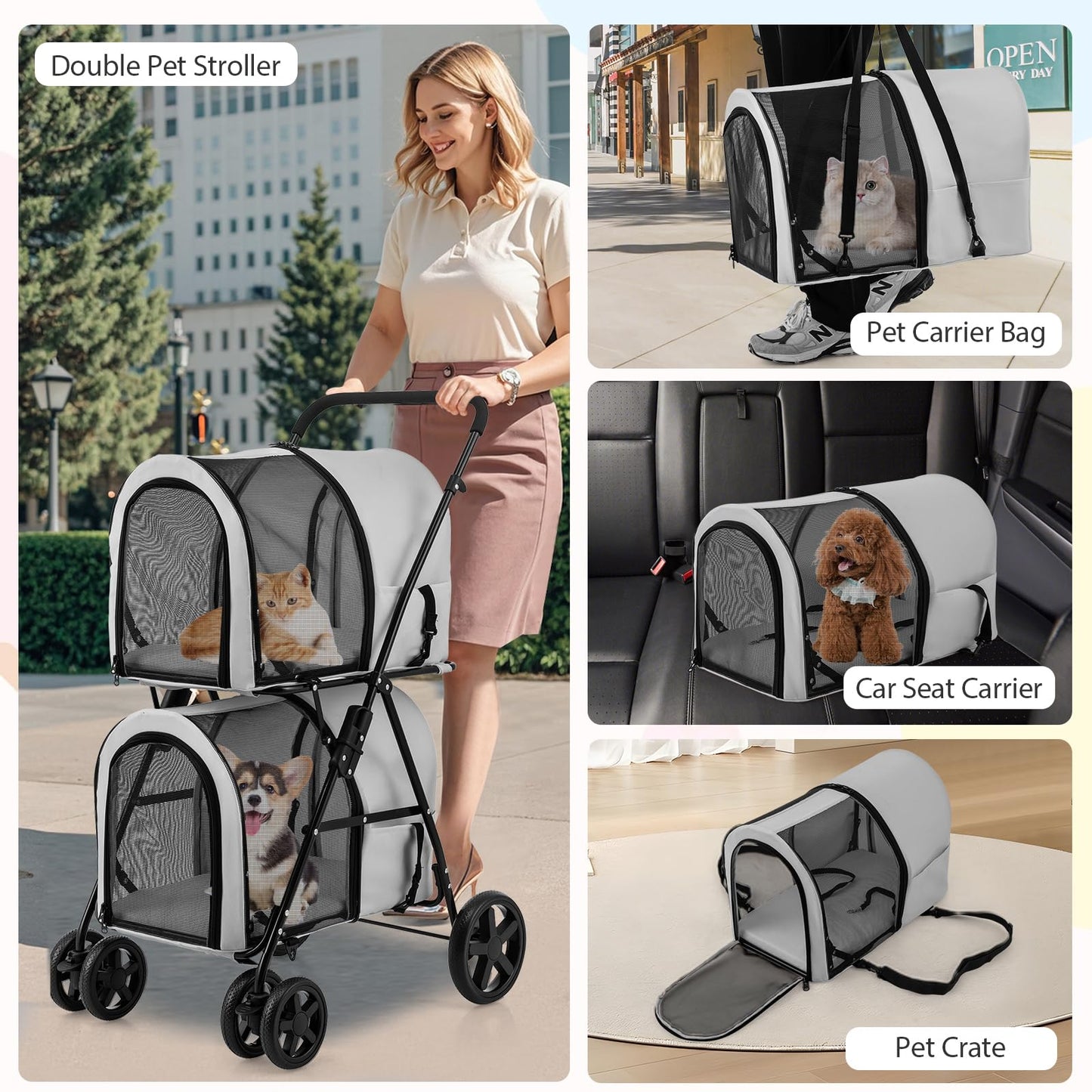 Giantex Double Pet Stroller with 2 Detachable Carrier Bags, Safety Belt, 4 Lockable Wheels, Folding Cat & Dog Stroller for Small Medium Pets, Cats Dogs Puppy Travel Strolling Cart (Gray)