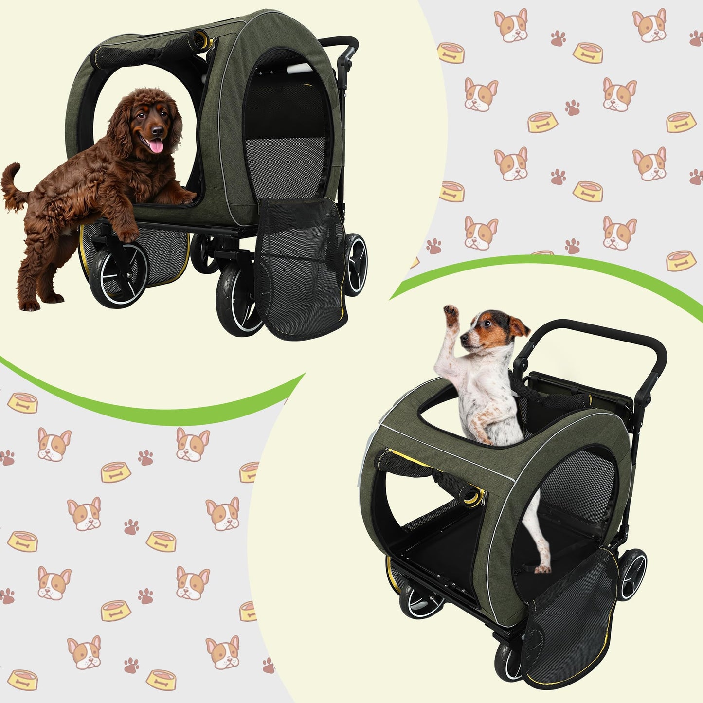Saudism Pet Stroller for Dogs Cats up to 50 lbs, Foldable Dog Stroller with 360° Swivel Wheels, Detachable Carrier, Adjustable Handle, Travel Dog Stroller for Small Medium Large Pets, Green
