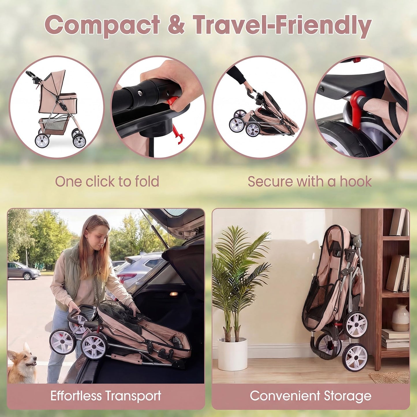 Giantex Foldable Pet Stroller for Small Dogs & Cats, Lightweight Dog Stroller with Lockable Wheels, One-Hand Quick Fold, Adjustable Canopy, Safety Leash & Storage Basket, Pet Travel Stroller, Beige