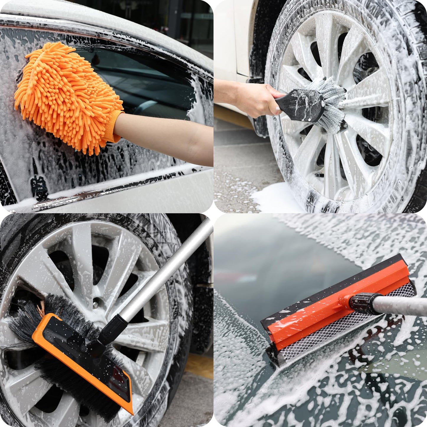 Wontolf 62'' Car Wash Brush with Long Handle, Scratch-Free Soft Bristles Sturdy Car Wash Mop, Complete Cleaning Brush Kit Wash Mitt Towel Windshield Squeegee Wheel Tire Brush for Car Truck RV Orange