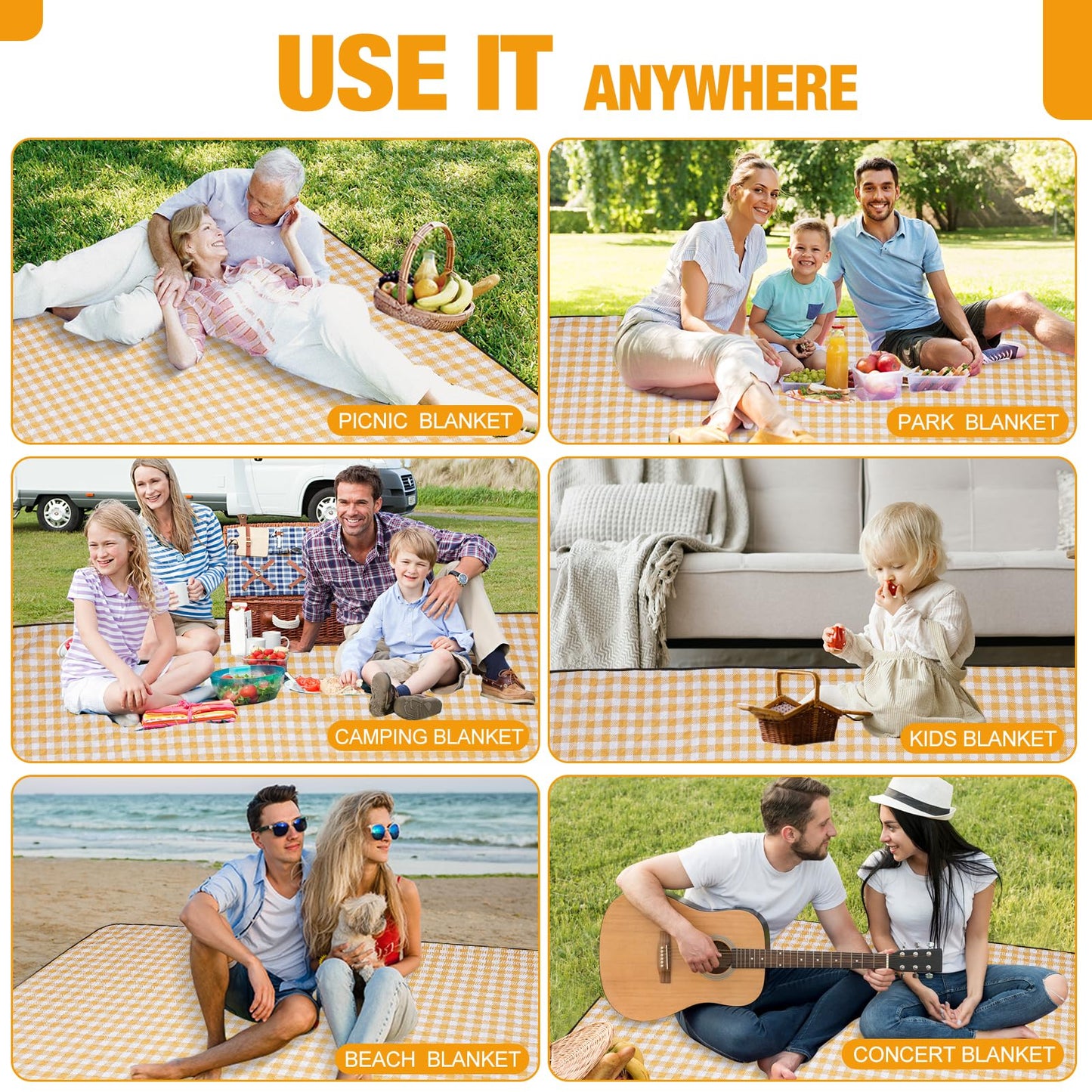 G GOOD GAIN Picnic Blankets Outdoor Extra Large - 80"x80" Portable Waterproof Picnic Blanket, Machine Washable 3-Layer Foldable Park Mat with Sandproof Backing for Grass, Hiking, Travel (Yellow)