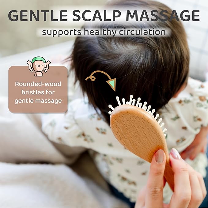Wooden Baby Hair Brush Grooming Kit with Beech Wood Goat Hair Brush, Cradle Cap Brush, Silicone Scalp Massager, Ultra Soft Bristle Brush | Gender Neutral Newborn Hairbrush Set for Boy or Girl