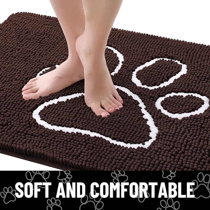 Smiry Dog Door Mat for Muddy Paws, Absorbent Dirt Trapper Non Slip Quick Dry Washable Chenille Mat for Mud Dogs, Entry Rug for Indoor and Outdoor (70x24 Inches, Brown and White)