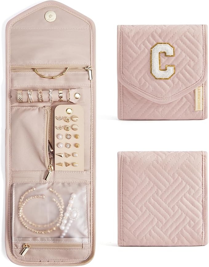 BAGSMART Travel Jewelry Organizer Case C Initial Foldable Jewelry Roll for Journey Rings, Necklaces, Earrings, Bracelets,Mini,Letter C,Soft Pink