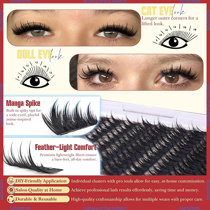 FANXITON Anime Lash Clusters 8-14mm Manga Lashes Extension Volume Cluster Eyelash Extensions Spiky Eyelash Extensions Soft Eyelash Clusters 204Pcs DIY at Home
