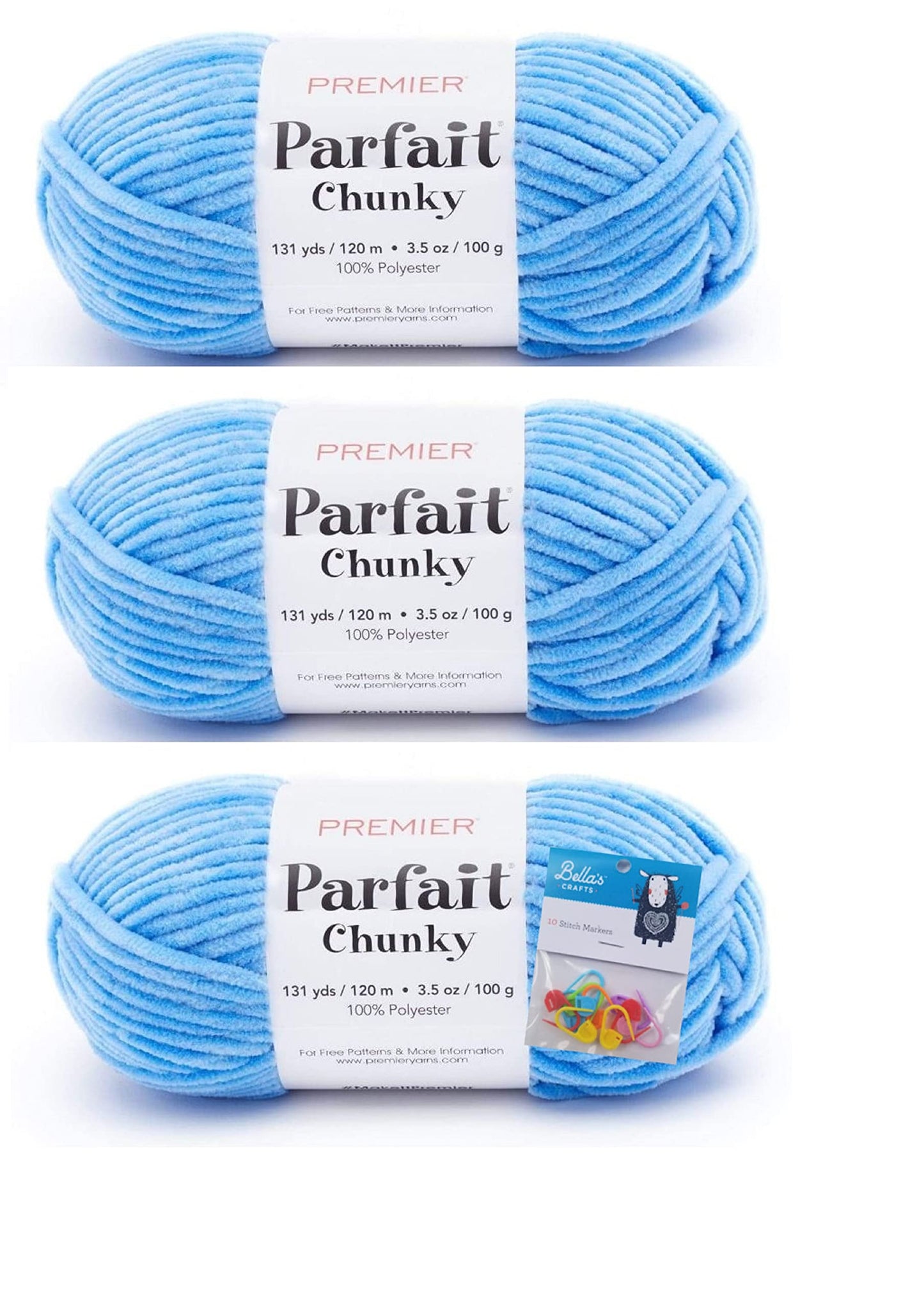 Premier Yarns Parfait Chunky Chenille Yarn 3.5 Oz 6 Super Bulky Weight 3 Pack Bundle with Bella's Stitch Place Holders (Blue)