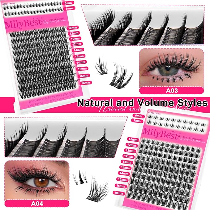 MilyBest Lash Clusters Kit with Spikes/Bottom Lashes Clusters 792Pcs Wispy DIY Lash Cluster Kit 4 Styles Curl Individual Eyelashes Pack with 2 Bond&Seal Volume Bulk Cluster Eyelash Extensions Kit