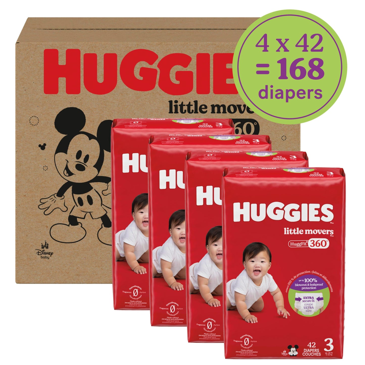 Huggies Size 3 Baby Diapers, Little Movers HuggFit 360° Baby Diapers with 360° Waistband, Size 3 (16-28 lbs), 168 Count (3 Packs of 56), Packaging May Vary