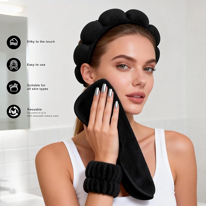 Real Perfection Spa Headband for Washing Face, Skincare Headband Wristband Set for Women, Reusable Machine-Washable Makeup Remover Towel Cloth, 1oz Small Spray Bottle with Travel Makeup Bag - Black