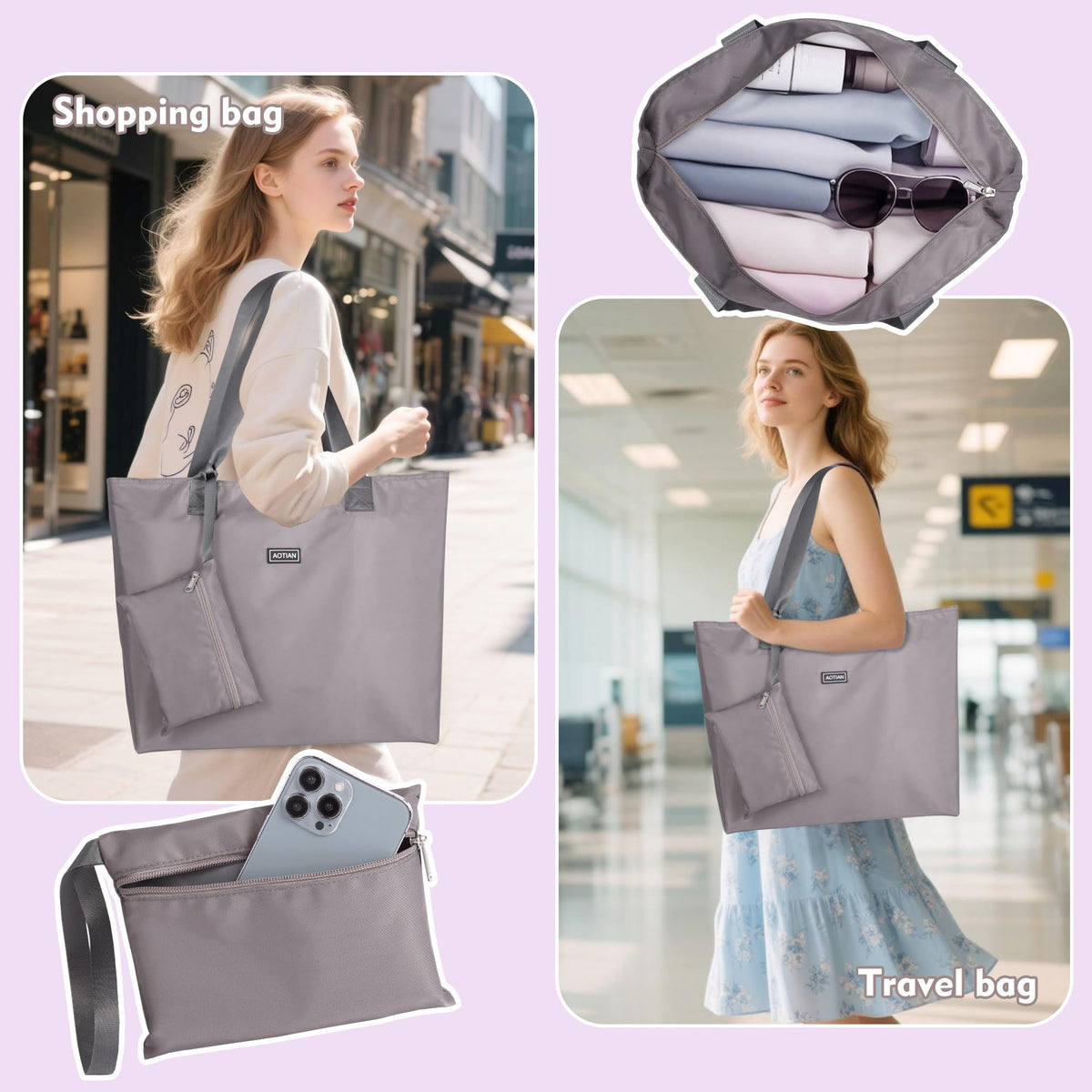 AOTIAN Heavy Duty 20 Liter Reusable Grocery Bags, Thickened Tear-Resistant Polyester Fabric Foldable Machine Washable Shopping Bags, Zipper Closure Water-Resistant Large Tote Bag Travel Gym Beach Bag