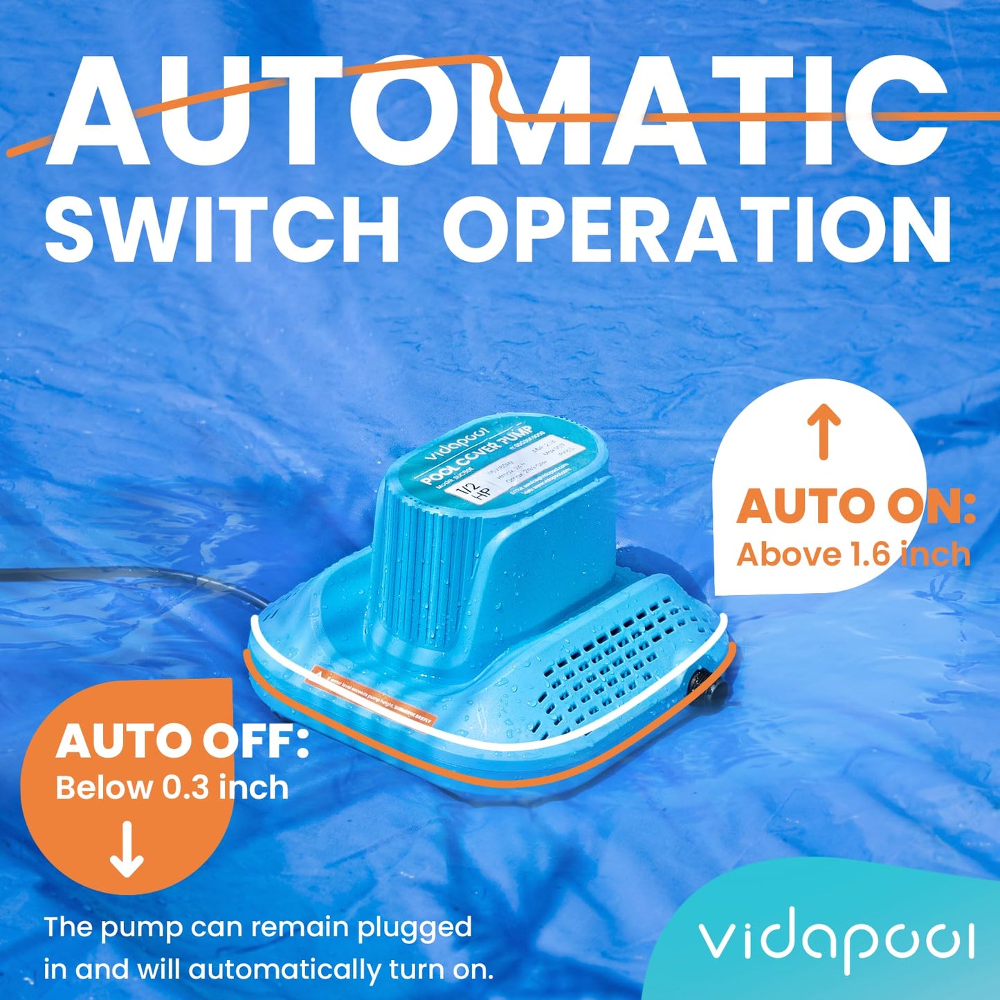 Vidapool 1/2 HP Pool Cover Pump Automatic On Off, Submersible Sump Pump Inground/Above Ground, 2169 GPH Water Removal Pump with 25 Feet Power Cord for Swimming Pool, Pond, Basement, Window Well, Blue