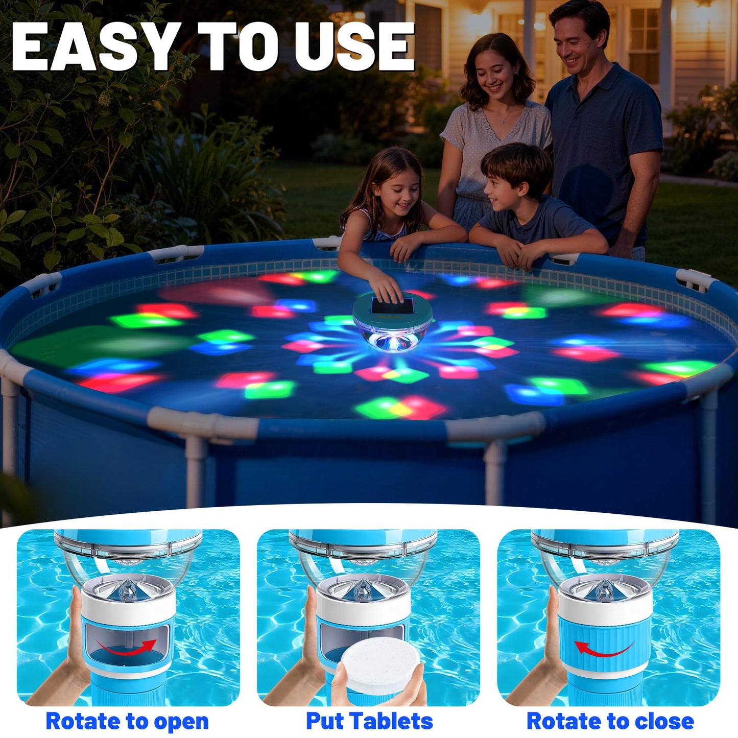 PRAXXIS Solar Chlorine Floater with Rotating Disco Light, Pool Chlorine Floater Adjustable Flow, Floating Chlorine Dispenser for Pool, Collapsible Chlorine Floater, Chlorine Floater for Hot Tub (Blue)