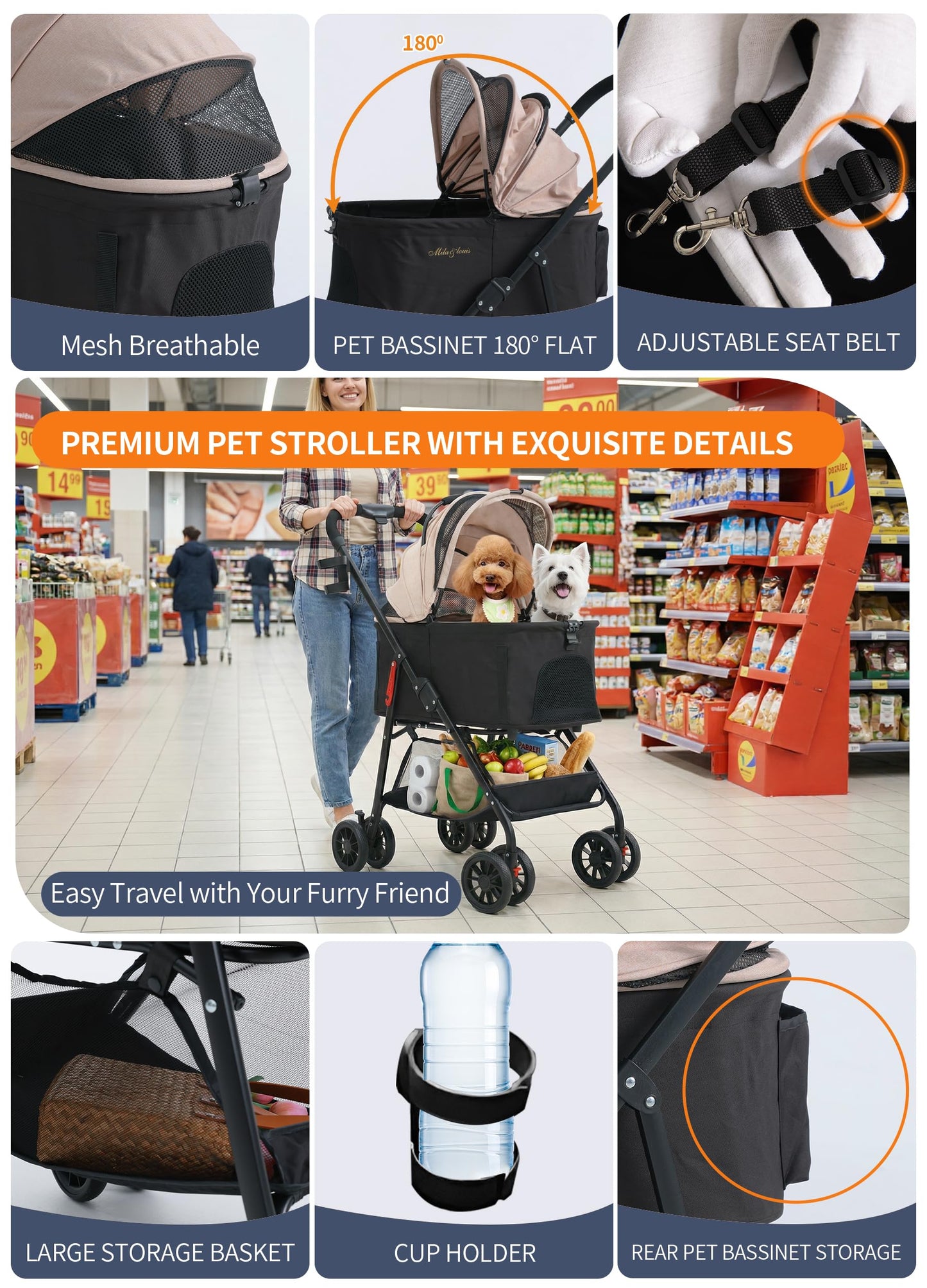 MILA&LOUIS Dog Stroller, 26" Pet Cradle for Medium Dog, Lightweight Foldable Dog Stroller for Multiple Small Pets Durable PU 4-Wheel Dog Strollers, Pet Stroller for Dogs & Cats up to 25Lbs