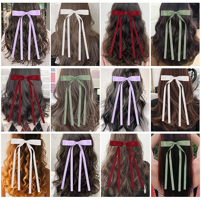 Hair Bows Clips Coquette Ribbon Bowknot with Long Tail Princess Hair Bows French Barrettes Hair Accessories for Women Girls 16PCS (Wine Red, Beige, Green, Purple)